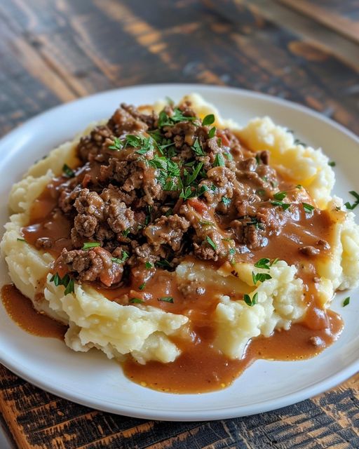 Hackfleisch und Soße über Kartoffelpüree - Leckere Rezepte